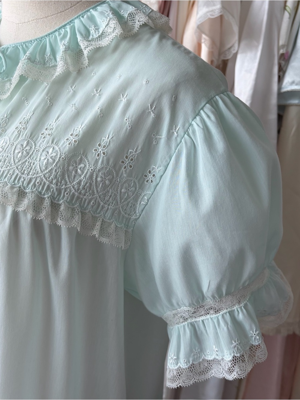 vintage barbizon aqua lace trim babydoll cotton robe nightgown puff sleeves